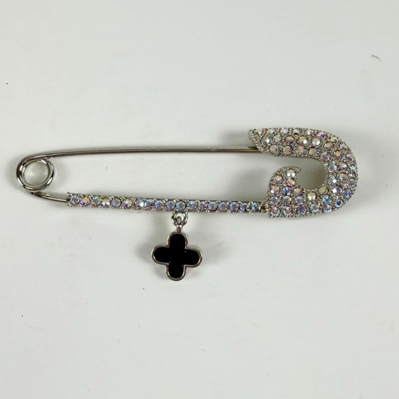 Jewelry - Fashion Jewelry Rhinestone Pin Brooch Silver Tone Black Flower Dangle